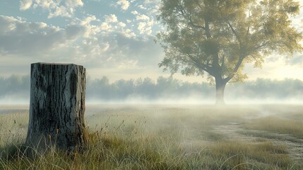 A lone tree stump stands in a field at dawn, with a majestic tree in the distance, both shrouded in the soft fog of a new day.