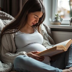 Young pregnant woman reading a book on the couch