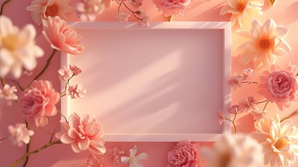 Delicate pink flowers gracefully surround a blank frame, with soft sunlight casting a gentle glow over a dreamy pink background.