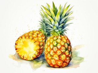 Watercolor Whole Pineapple Isolated, Aquarelle Ananas, Comosus, Creative Watercolor Tropical Fruit