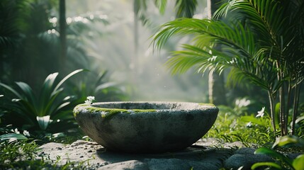 An ancient stone basin with moss, surrounded by dense tropical vegetation, capturing the essence of a serene rainforest sanctuary.
