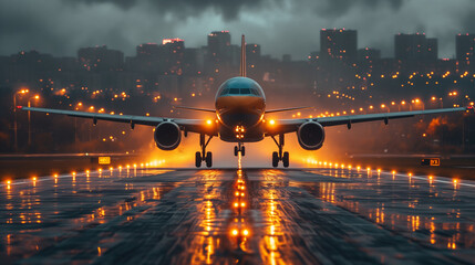 front view of a beautiful airplane taking off at dusk against the background of the city and the runway
