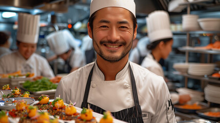 in the kitchen, a handsome male chef of Asian appearance is sincerely smiling next to his dishes, proud of them and promoting them