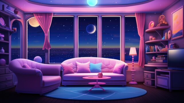 cartoon illustration Living room interior at night ,