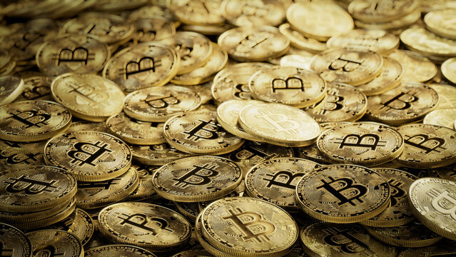 Bitcoin Cryptocurrency represented as Gold Coins. Future Finance Background. 3D Render.
