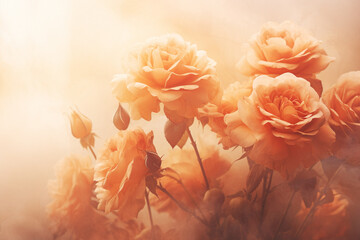 Beautiful roses in a dreamlike garden, with misty and foggy backgrounds, creating a feminine and fragrant atmosphere.