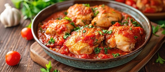 Traditional chicken cacciatore in tomato sauce, seen from the front. - obrazy, fototapety, plakaty