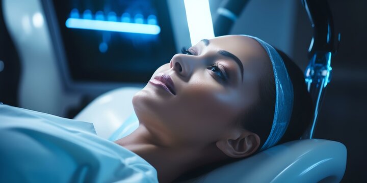Futuristic medical examination with a female patient in a high-tech healthcare setting. serene and modern clinical imagery. AI