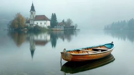 Fototapeten barque en bois abandonnée sur un lac, petit ile avec clocher à l'arrière plan © Sébastien Jouve