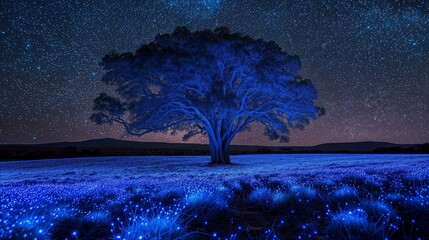 arbre majestueux dans un champ la nuit sous un ciel étoilé, lumière bleuté avec des lucioles