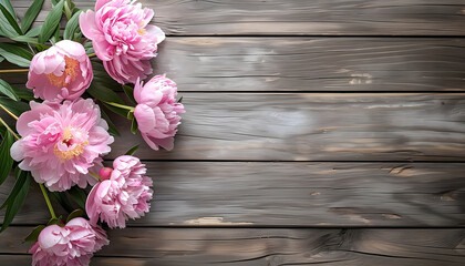 Fototapeta na wymiar pink peonies on wooden table background top view