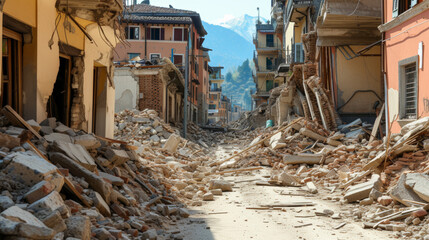 petit village rural détruit après un tremblement de terre, dégâts important dû à un séisme de forte magnitude - obrazy, fototapety, plakaty