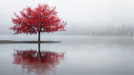 arbre isolé au bord d'un lac en automne