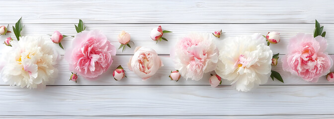 pastel pink peonies on white wooden table background top view