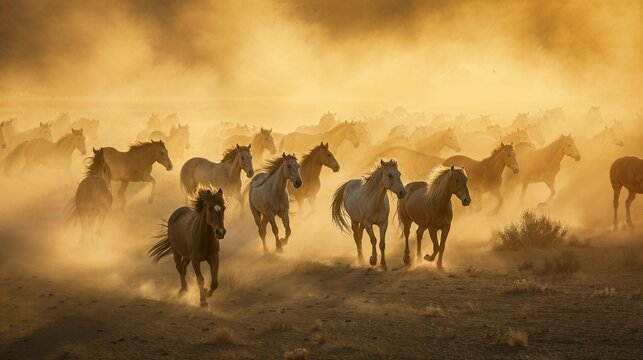 troupeaux de chevaux sauvages courant dans la poussi&egrave;re et le soleil