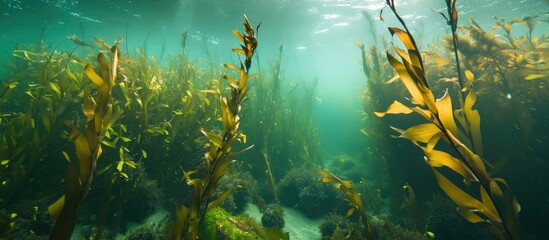 Covered with fine mud, there is a brown kelp called Ecklonia radiata amidst other underwater vegetation. - obrazy, fototapety, plakaty