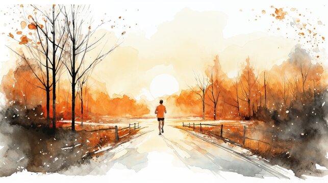 Fitness Concept Illustration. Beautiful Watercolour with Running Exercise Theme.