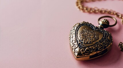 Intricate Golden Heart Shaped Locket on a Pink Surface. Valentine’s Day Background with copy-space.