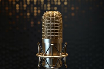 Golden microphone close up elegant design on black background, podcast concept