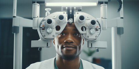 Afro American man visiting the ophthalmologist for an eye exam using the phoropter machine during...