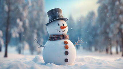Obraz premium Cute Snowman with a Hat Standing in a Snowy Field on a Blurred Winter Background. Copy Space