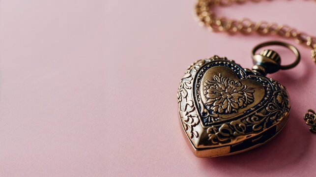 Intricate Golden Heart Shaped Locket on a Pink Surface. Valentine’s Day Background with copy-space.