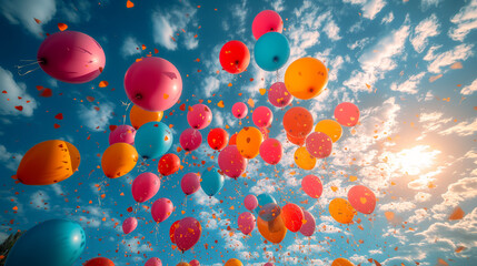 many colorful balloons fly up against the background of the blue sky with white clouds, the feeling of a real holiday