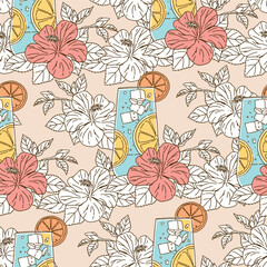 Seamless pattern of cocktail drinks and hibiscus flower, Modern floral pattern vector, Vintage floral background, Pattern for design wallpaper, Floral print design, Gift wrap paper and fashion prints.