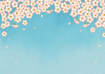 山桜 桜 青空　背景 フレーム　水彩 イラスト