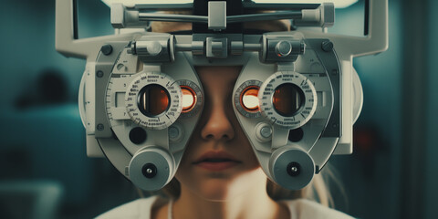 Young girl visiting the ophthalmologist for an eye exam using the phoropter machine during eye care...