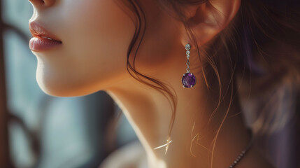 Purple gemstone earring on elegant woman's silhouette - obrazy, fototapety, plakaty