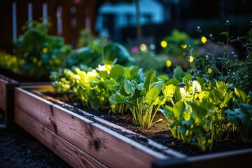 Fototapeta na wymiar Urban community garden. Fresh vegetable seedlings grow in a raised bed, illuminated at night. Sustainable living lifestyle, Generative AI