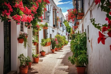 Fototapeta na wymiar Picturesque narrow street in Spanish city old town. Typical traditional whitewashed houses with blooming plants, flowers, cobbled street in a small cozy town in, Generative AI