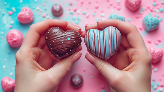 two human hands each holding a chocolate candy in the shape of a heart on a background of colorful sweet icing with sprinkles, palms also form a heart