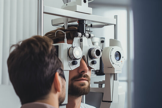 Man visiting the ophthalmologist for an eye exam using the phoropter machine during eye care appointment. Person is having vision test at the optical store. Optical diagnostic consultation.