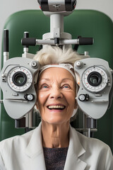 Senior woman visiting the ophthalmologist for an eye exam using the phoropter machine during eye...