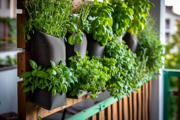 Balcony herb garden concept. Modern vertical lush herb garden planter bags hanging on city apartment balcony wall, with planter boxes pots of mint, rosemary thyme growing in urban, Generative AI