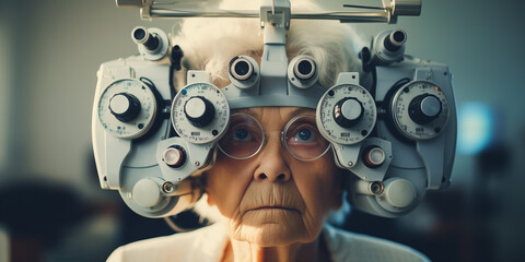Senior woman visiting the ophthalmologist for an eye exam using the phoropter machine during eye...