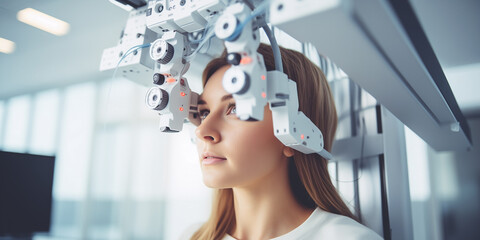 Woman visiting the ophthalmologist for an eye exam using the phoropter machine during eye care...