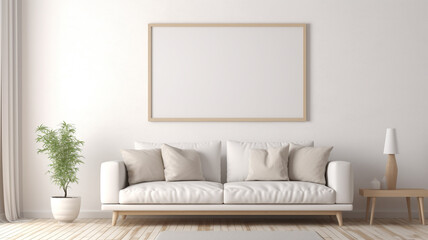 A blank white frame mockup in a minimalist living room