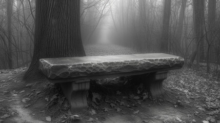 in a foggy depressing black and white park there is a stone bench under a tree, there are no leaves on the trees and there is no one in the park