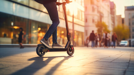 close up of a person driving e-scooter in a urban city street in the morning. - obrazy, fototapety, plakaty