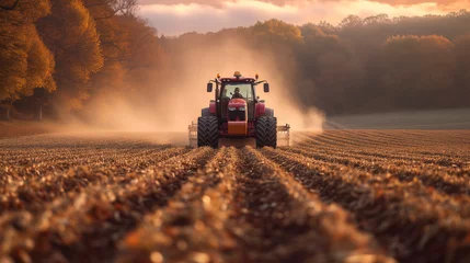 Poster front view of a tractor that cultivates or sows a large field near the forest, smoke from dust from work and dry earth comes from it © MYKHAILO KUSHEI