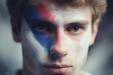 Close-up of a young man with face painted in the colors of the French flag.