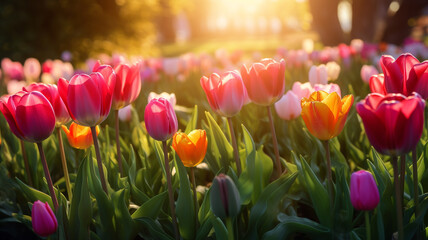 beautiful tulips garden at sunrise
