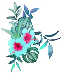 Beautiful tropical bouquet. Bright blue turquoise hibiscus flowers in vegetation. Jungle flowers, exotic