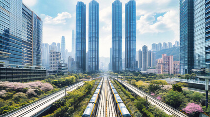 Fototapeta na wymiar Urban Transportation and Modern Cityscape, Train and Railway in City, Public Transit and Travel
