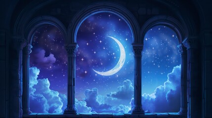 Mystical window with crescent moon in night sky. Generative AI