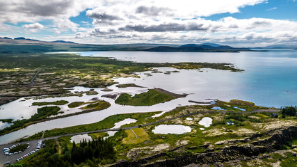 Thingvellir national park in iceland aerial drone view as a touristic concept for traveling to...