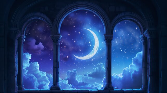 Mystical window with crescent moon in night sky. Generative AI